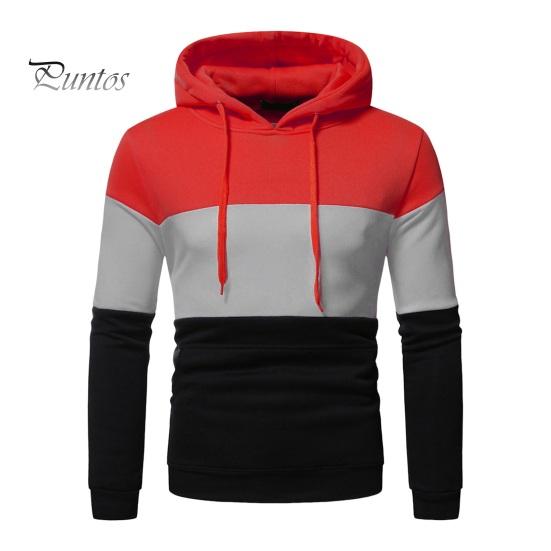 Men Fall Winter Hoodie Colorblock Drawstring Long Sleeves Big Pocket Hooded Retro Thin Loose School Daily Wear Casual Sport Top