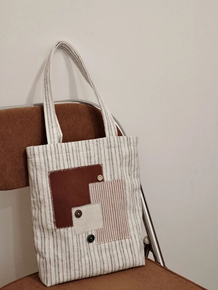 Striped Splicing Canvas Tote Bag Simple And Versatile Large-Capacity Shoulder Bag Commuter Handbag
