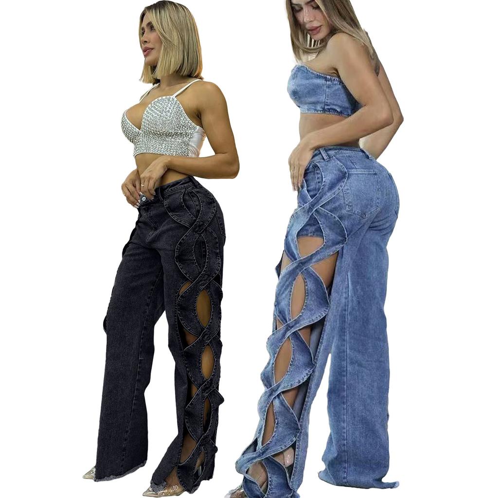 Jeans Pantaloni Hip Hop Svuotati Sexy Donna Vita Alta Eleganti Night Club Gamba Larga Denim Pantaloni Dritti