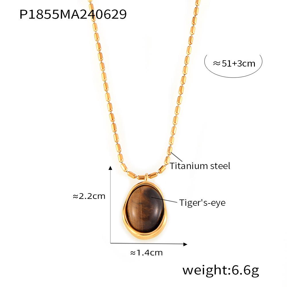 French-Inspired Oval Tiger Eye Pendant Necklace - 18K Gold-Plated Titanium Steel