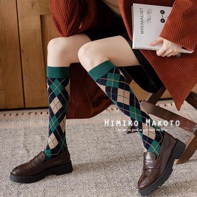 Korean Style Cotton Diamond Pattern Knee-High Retro Socks for Women