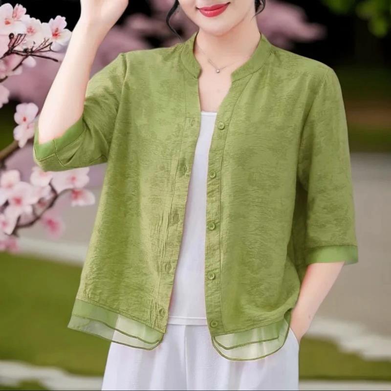 

Womens Purple Textured Blouse Casual Mandarin Collar 3/4 Sleeve Button Up Cardigan Top XL зелёный