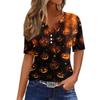 Women's Halloween Print Loose Fit V Neck Short Sleeve Top with Button Detail and Front Pocket Casual Blouse for Seasonal Wear