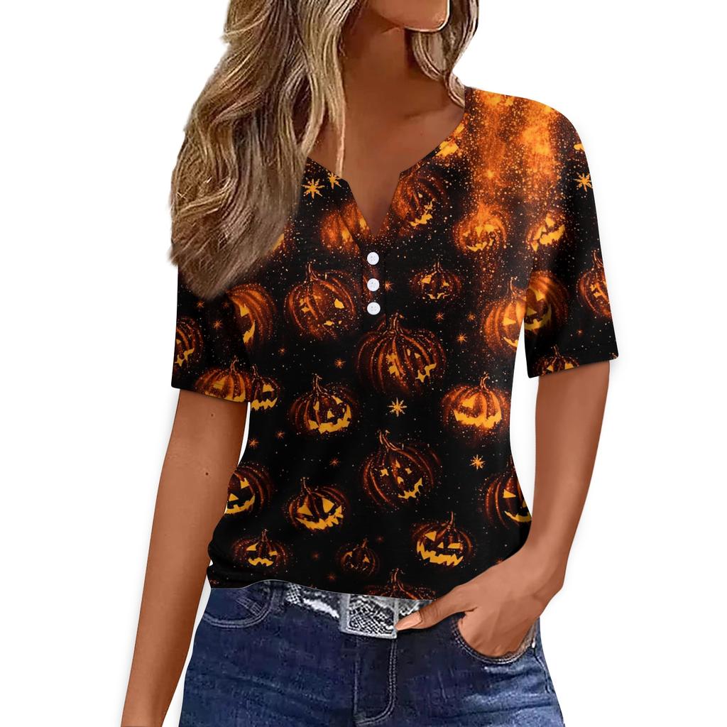 Women's Halloween Print Loose Fit V Neck Short Sleeve Top with Button Detail and Front Pocket Casual Blouse for Seasonal Wear