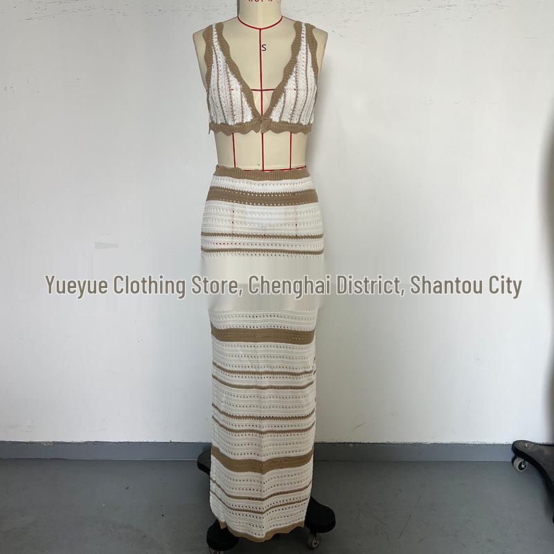Striped European & American Fashion Vacation Beach Bikini Long Dress Set