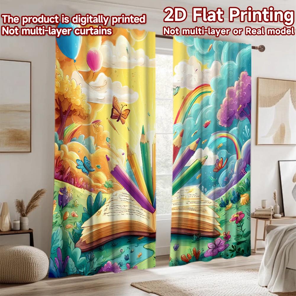 2D flat printing 2pcs Curtain Colorful book pencils sun butterflies Digital Printed Polyester Drapes Festive Wall Decor Perfect