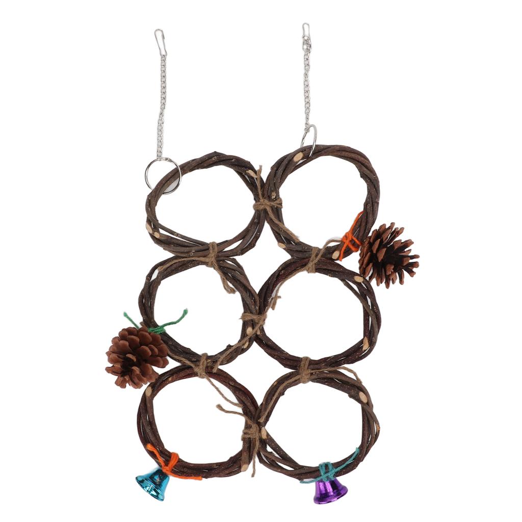 Bird Hanging Swings Toy Wooden Parrot Swing Circle Ring Toy Climbing Net with Bells6 Rings