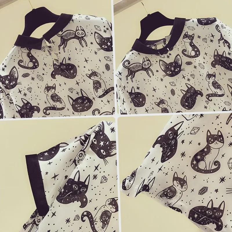 Women's Trendy Summer Cat Print Loose Chiffon T-Shirt