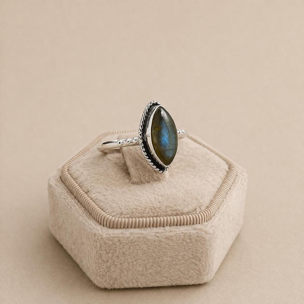 Blue Fire Labradorite Marquise Ring 6x12mm, 925 Sterling Silver Statement Ring, Flashy Gemstone Jewelry