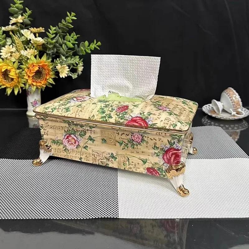 European style ceramic tissue box full of flowers, living room coffee table, table, paper drawer, high-end storage box, home res