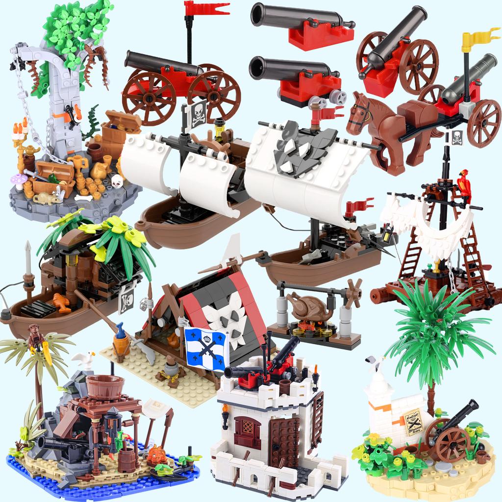 MOC Piratenbucht Bausteine Kreativität Mittelalterliche Segelboote Geschützkarre Waffen Soldaten Zusammenbauen Straßenbild Steine Spielzeug
