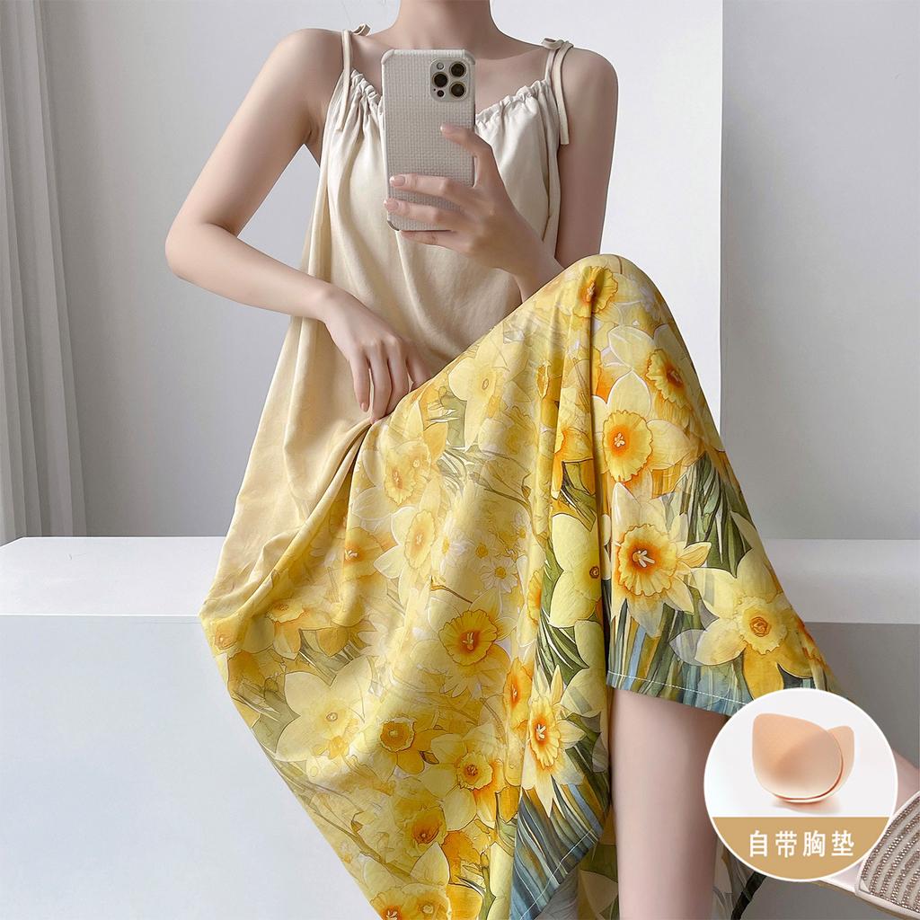 Anti-bump cotton silk suspender nightdress women's summer thin plant flower high-end loungewear with chest pad dress