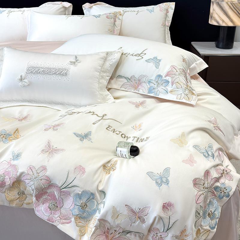 Class A Maternal And Infant Grade 240 Long-Staple Cotton4-Pcs Set Of Pure Cotton Satin Embroidered Quilt Cover, Bed Sheet Skin-Friendly Mattress