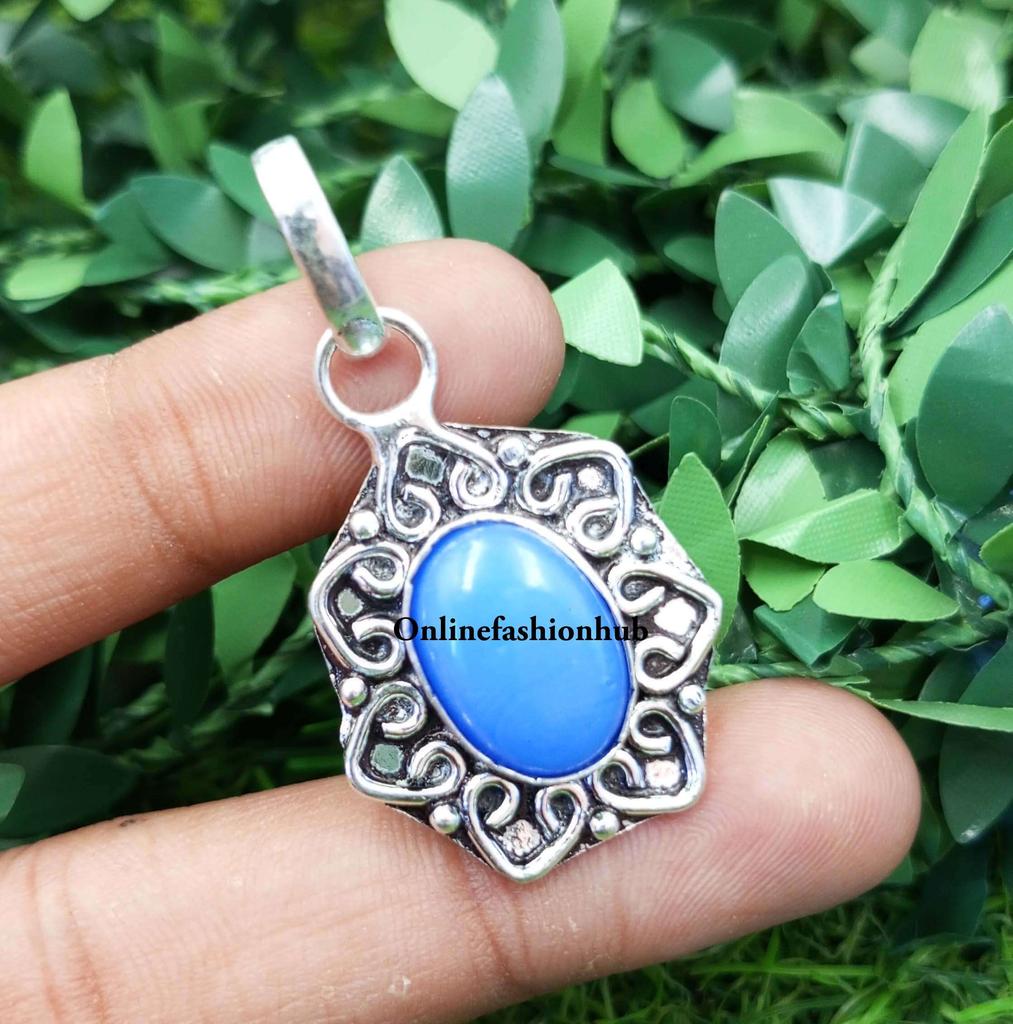Chalcedony Gemstone 925 Sterling Silver Plated Boho Pendant FPD-P78