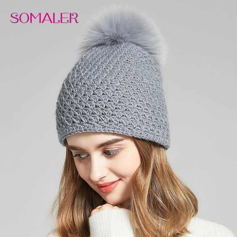 SOMALER Handmade Warm Winter Hats for Women Real Fox/Raccoon Fur Pompom Beanies Mix-color Caps