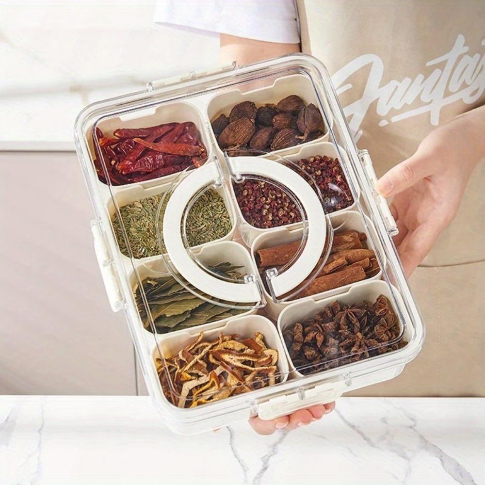 1Pack Kitchen Plastic Seasoning Storage Box with Lid and Handle Spice Storage Container Multifunctional 8 Grids Storage Box