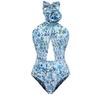 Women's Floral Halter Swimsuit with 3D Flower Details and Hollow Out Design