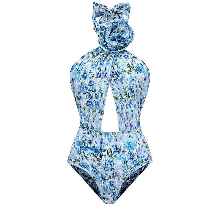 Women's Floral Halter Swimsuit with 3D Flower Details and Hollow Out Design