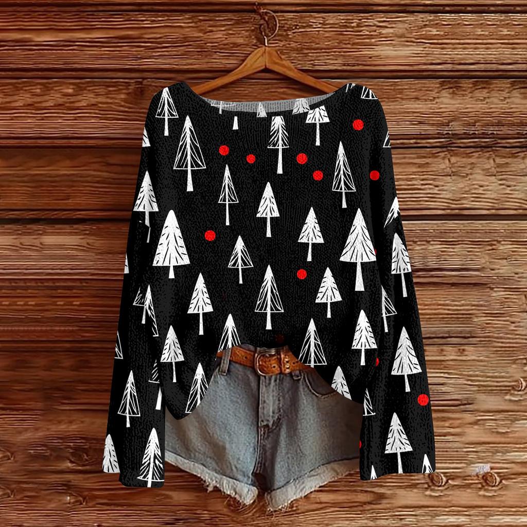 Women's Round Neck Lightweight Sweater Casual Long Sleeve Christmas Print Knit Pullover.