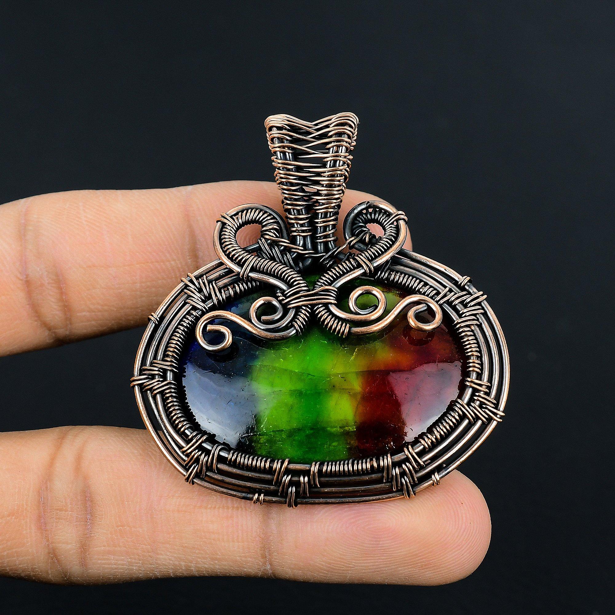 

Tri Color Labradorite Pendant Gemstone Handmade Jewelry, 999 Copper Wire Wrapped Pendant, Gift For Wife Jewelry 2.55 Inches