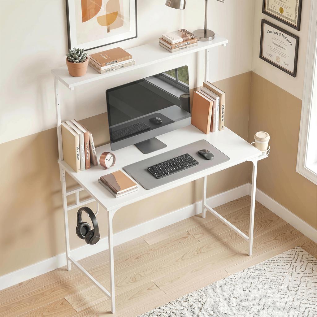 Computer Desk, 80cm Home Office Study Table with Hutch Shelf, Cup Holder, Headphone Hook, White