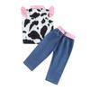 Baby Girl 2Pcs Western Outfits Fly Sleeve Cow Print Shirt + Denim Pants Set Toddler Clothes