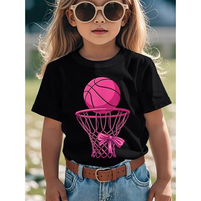 Rozmiary europejskie Modny czarny T-shirt dla młodej dziewczyny z jaskrawym różowym wzorem koszykówki i uroczą różową kokardką - Idealny prezent dla małych fanów sportu!