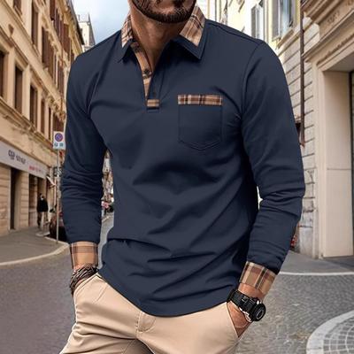 Spring and Autumn New Men's Daily Casual Solid Colour Patchwork Pockets Lapel Long-sleeved Polo Shirt