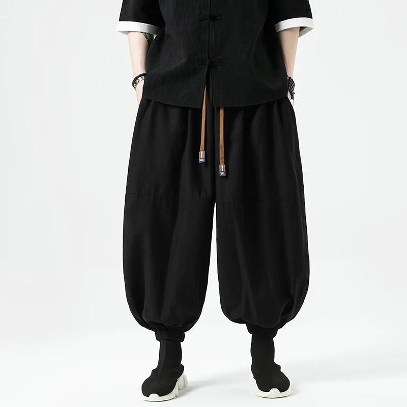 2026 Summer Men Black Wide Leg Pants Men Dark Wind Solid Color Casual Pants Japanese Style Harun Pants Men Cotton Linen Lantern Pants