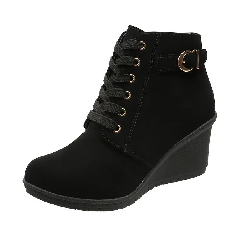 Retro Wedge Thick Bottom Round Toe High Heels Short Boots Lace Up Autumn Winter Warm Platform Ethnic Style Ankle Boots2025