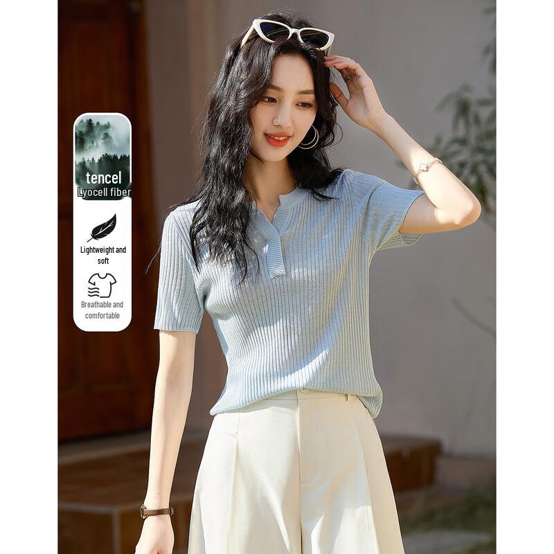 

Demana Women s Summer Breathable Linen-Lyocell Blend V-Neck Knit Top XL