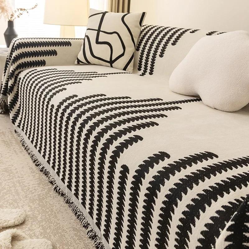Nordic Sofa Dynepledd Universal Strikket Sofatrekk med dusker Innstil Utendørs pikniktepper Billedteppe til seng