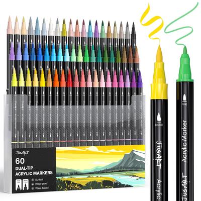 JusArt Acrylic Marker Paint Markers with Brush Tips Fine and Fine Acrylic Art Suitable for and Metallic Gift Idea Pens, 60-Color Set, (Both Tips),
