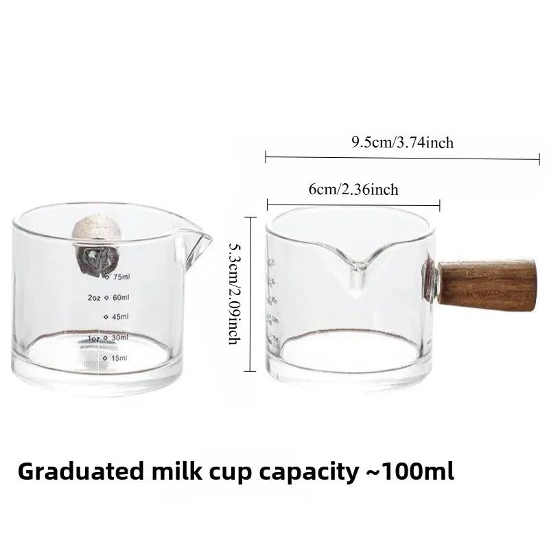 

1 шт. Стеклянная мерная чашка с деревянной ручкой Стеклянная мерная чашка для эспрессо Двойная Одинарная горловина Молоко Кофе Прозрачная кружка Кофейные принадлежности