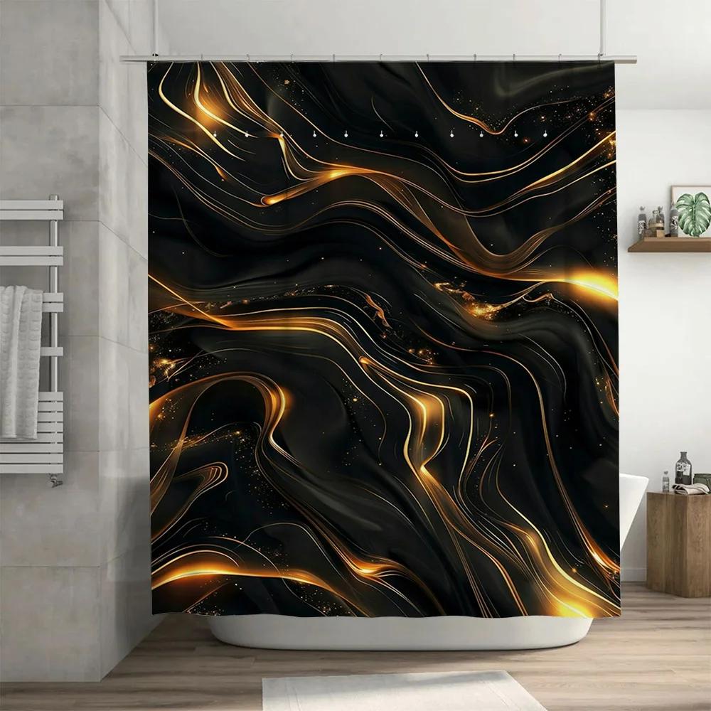 Cortina de Ducha Negra Dorada Brillante de Lujo Diseño Moderno de Olas Para Decoración de Baño