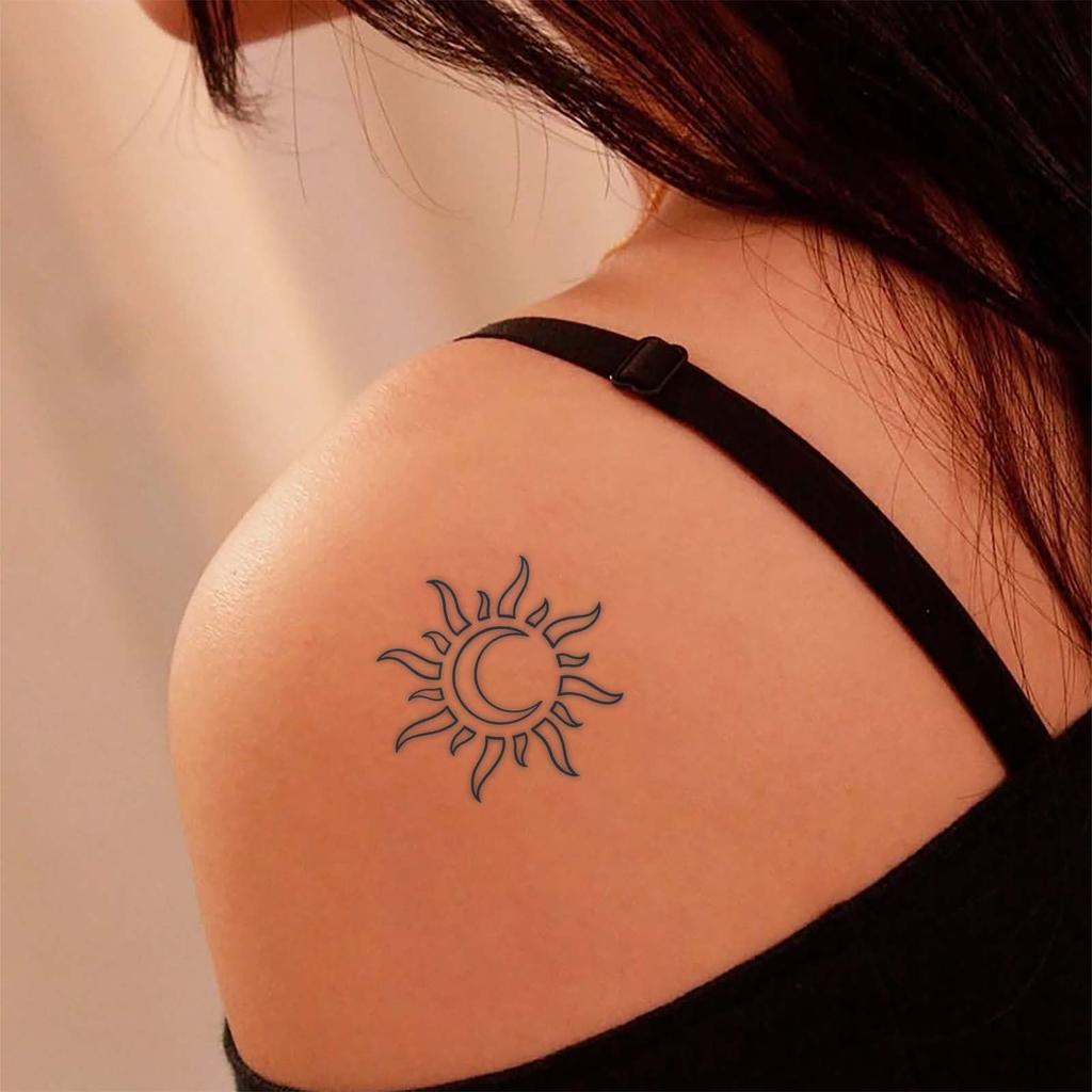Adesivo Tatuaggio Totem Erboristico Sole e Luna Semi-Permanente Tatuaggio Scuro Impermeabile e Lunga Durata Non Riflettente