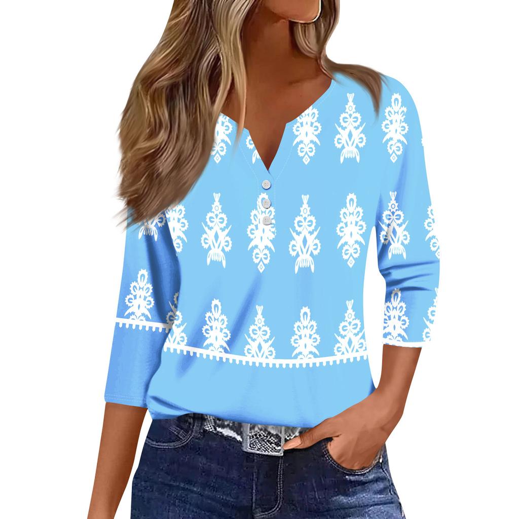 Women's Fashion Casual Seven Split Sleeve Burst Vintage Floral Print Pullover Top