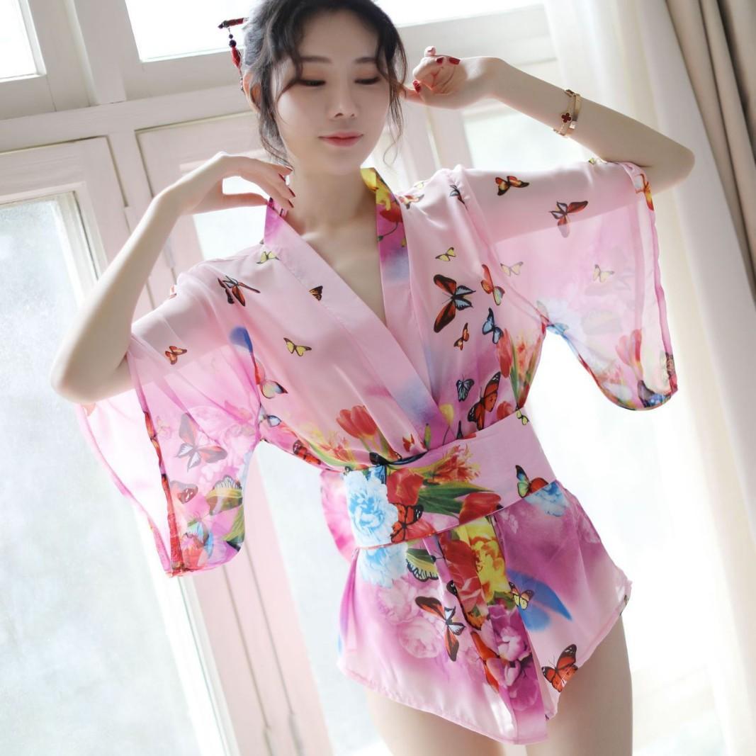 

New Japanese sexy kimono deep V milk role-playing bathrobe passion floral set a piece One size fits all синий
