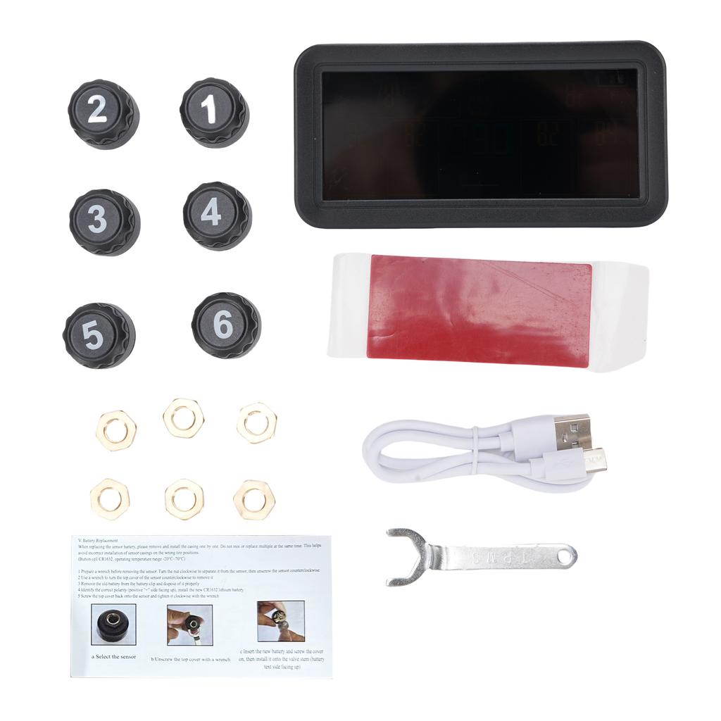 Tire Pressure Monitor with 6 External Sensors, LCD Display, Solar and Type C Charging, Auto On Off, Temperature and Low