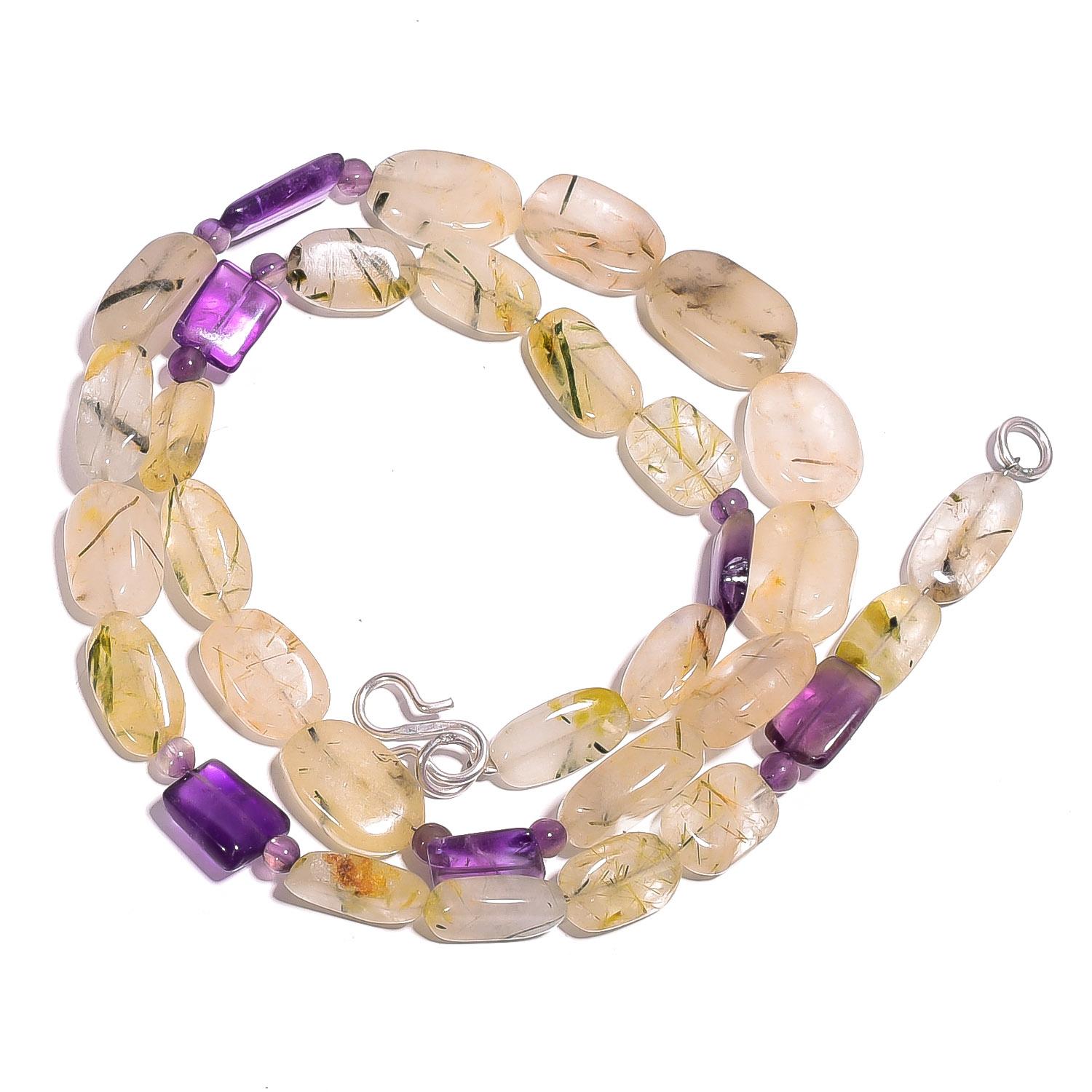 

Natural Rutile Quartz Amethyst Gemstone Mix Smooth Beads Necklace 17 UB-4145 UB-4145