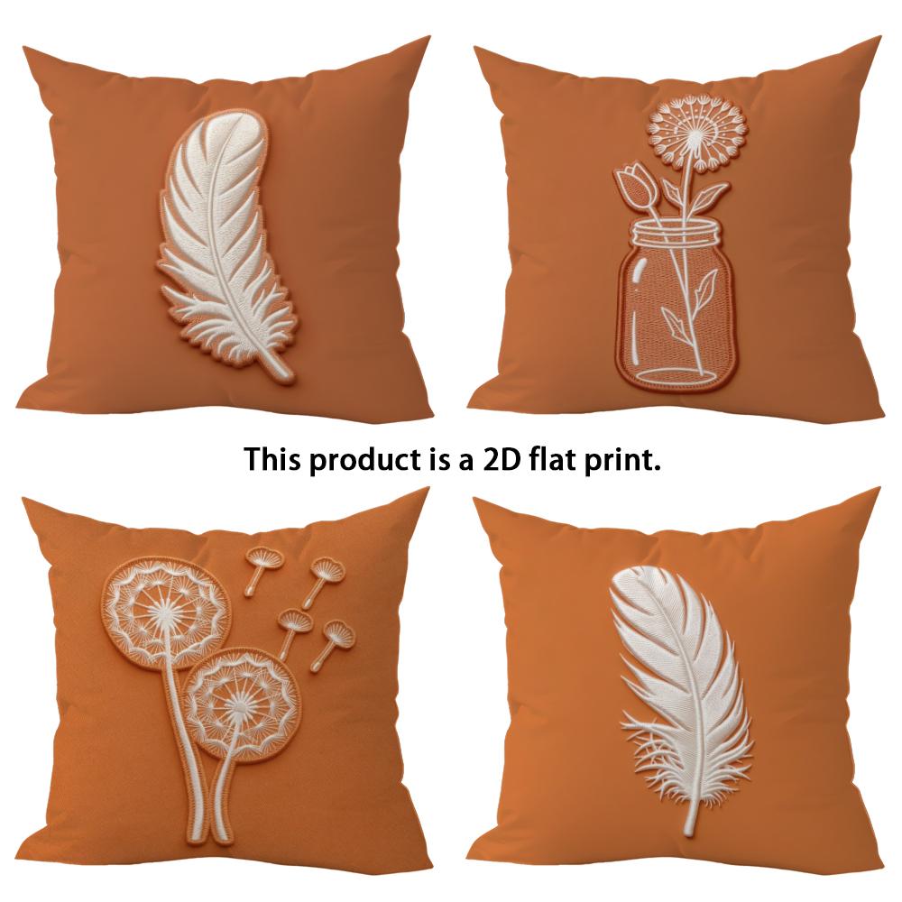 1/4pcs Orange Cushion Covers with Floral & Feather Prints Sofa bed cushion cover home bedroom decoration, 2D flat printing