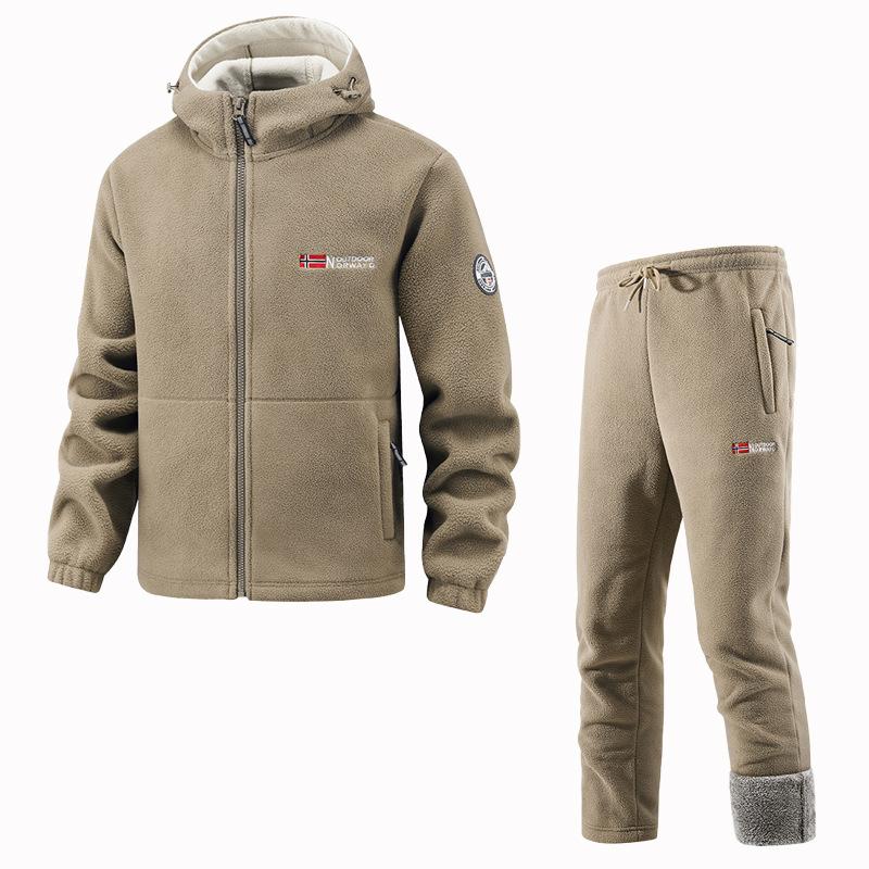 Winter Sportkleding Set Heren Retro Training Dikke Fleece Jas + Broek Tweedelige Set Casual Ski Hardlopen Trainingspak Pak