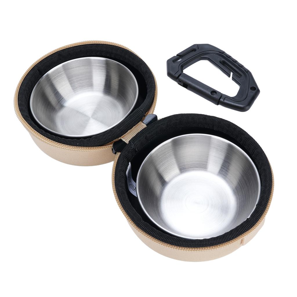 Foldable Dog Double Bowls Portable Stainless Steel Travel Pet Food Water Bowl with EVA Bag and Clip