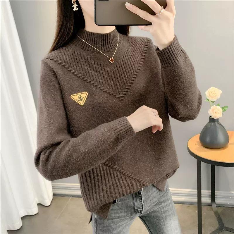 

Осень и зима новый вязаный базовый свитер пуловер с полувысоким воротником повседневный однотонный свободный внутренний топ женский кофейный