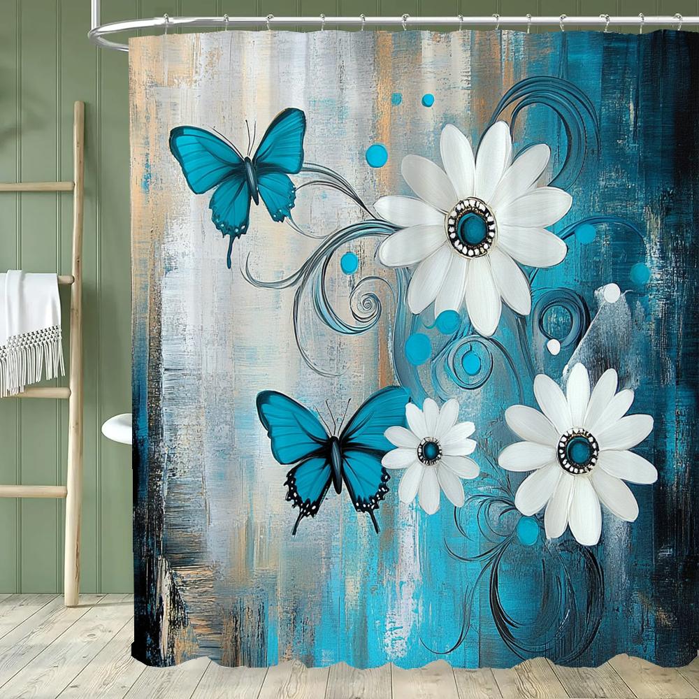 1pc Beautiful Blue Flowers Shower Curtain, Bathroom Decorative Curtain, Floral Printed Polyester Home Curtain with Hooks