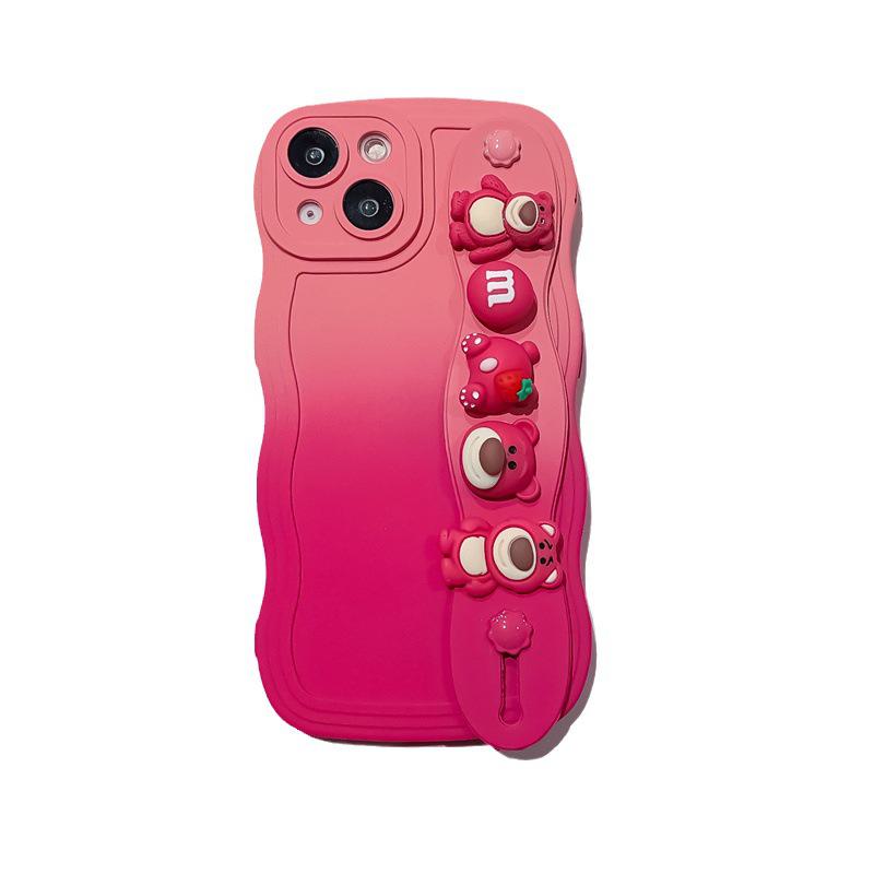 Kryt na mobilní telefon Apple 14 ProMax s 3D silikonovým gradientním designem, s roztomilým jahodovým medvídkem jako zápěstním páskem.