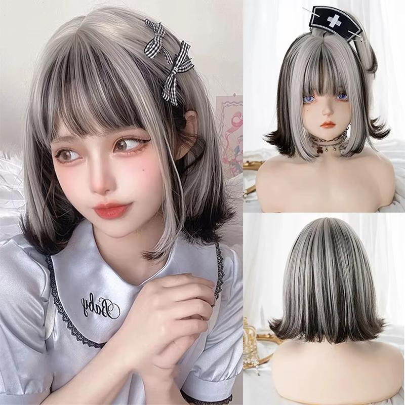 Synthetic Short Lolita Cosplay Christmas Halloween Bob Wig Wave Female Wig with Ponytail Natural Fake Hair for Women