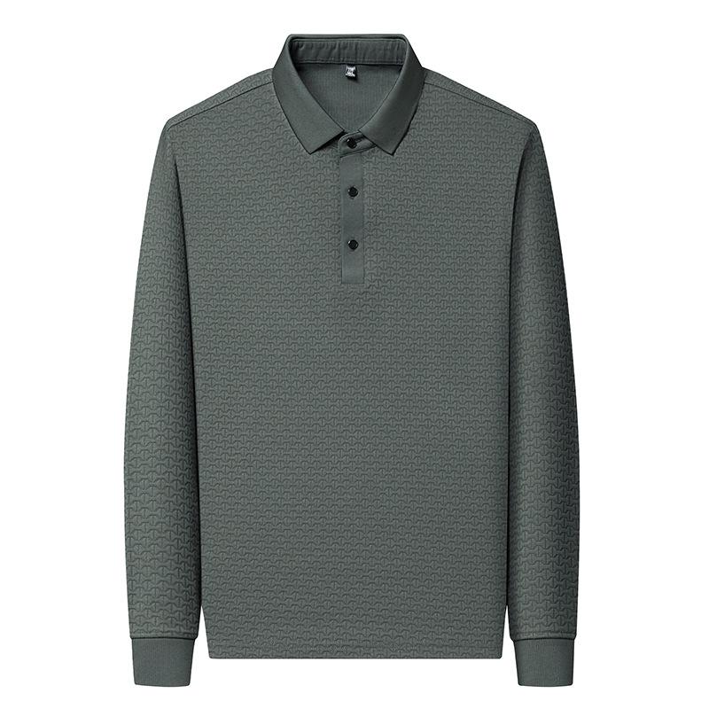 Dress Men'S Business Commuting Casual Jacquard Solid Color Lapel Long-Sleeved T-Shirt Straight Polo Shirt