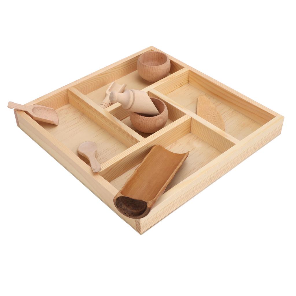 Montessori Sensory Bin Tools with Wooden Box for Toddlers Bowls Scoops Pretend Dish Toys for