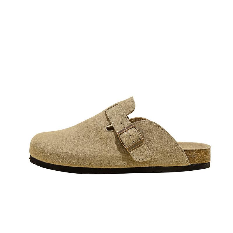 Cowhide version~ Grape mother men and women with the same leather cork Boken lazy people wear h sandals couple half drag Birken shoes